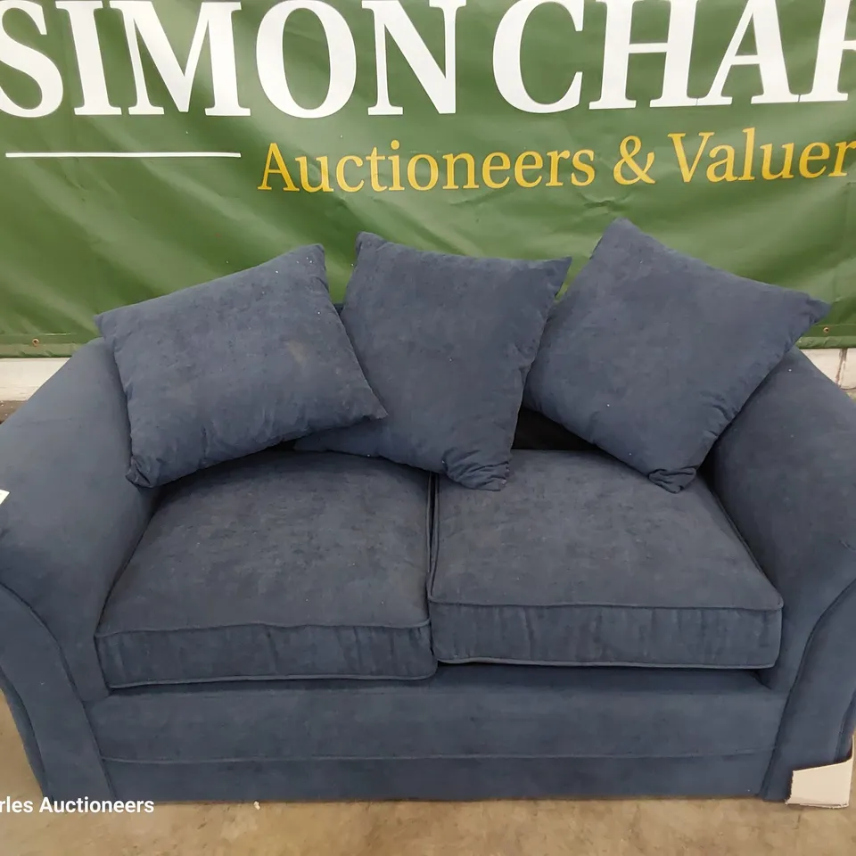 DESIGNER TWO SEATER SOFA WITH SCATTER CUSHIONS BLUE FABRIC 