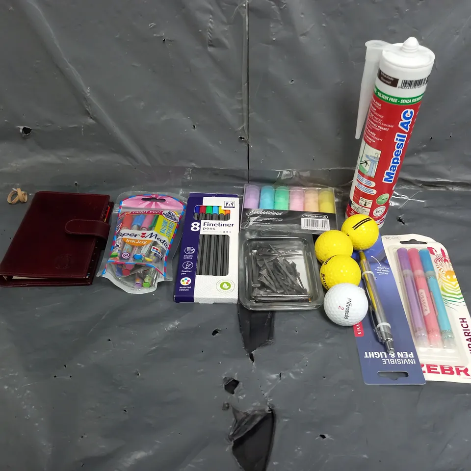 BOX OF ASSORTED HOUSEHOLD ITEMS TO INCLUDE GOLF BALLS, PENS AND CHALK