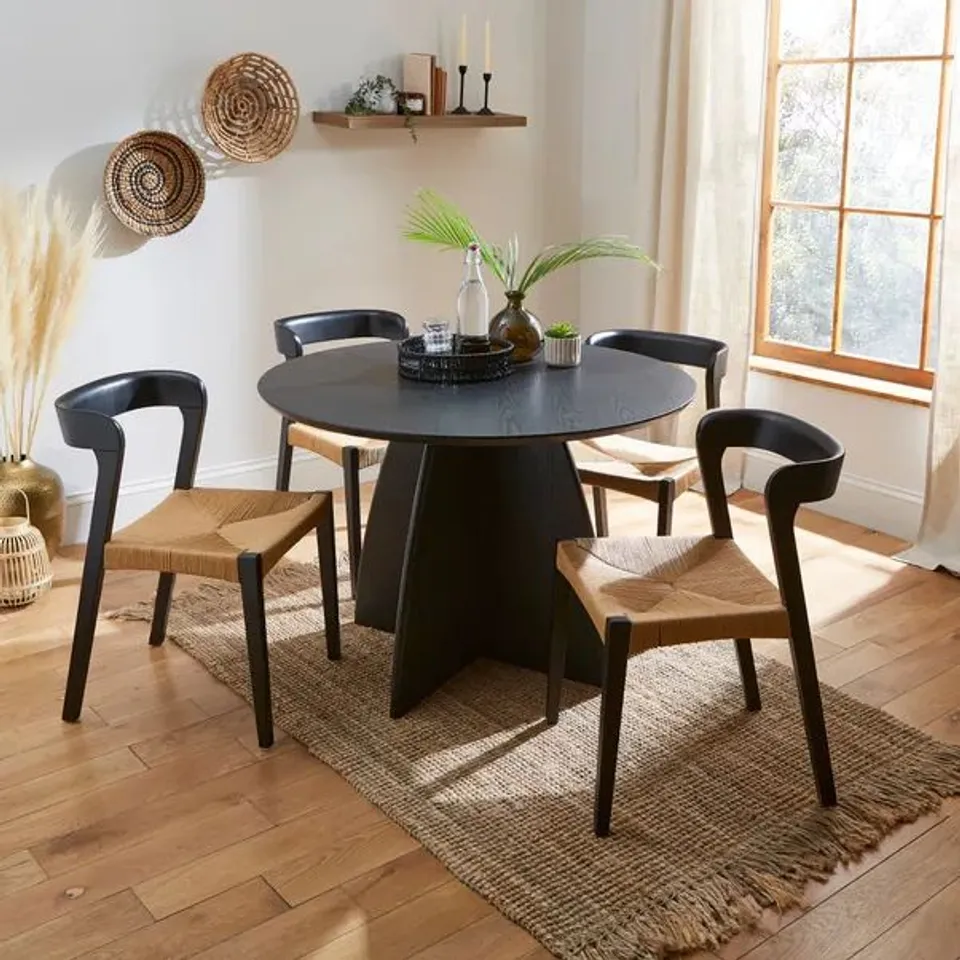BOXED EFFY 4 SEATER ROUND DINING TABLE, BLACK WOOD EFFECT (1 BOX)