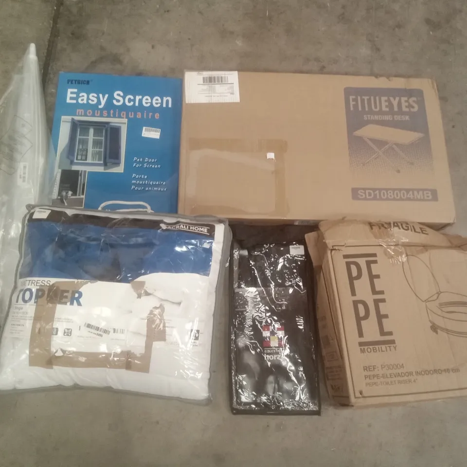 PALLET OF ASSORTED ITEMS INCLUDING PEPE TOILET RISER 4", FITUEYES STANDING DESK, MATTRESS TOPPER, QUINTON LEATHER HALF CHAPS, WHITE UMBRELLA, DOG DOOR FOR SLIDING SCREEN 