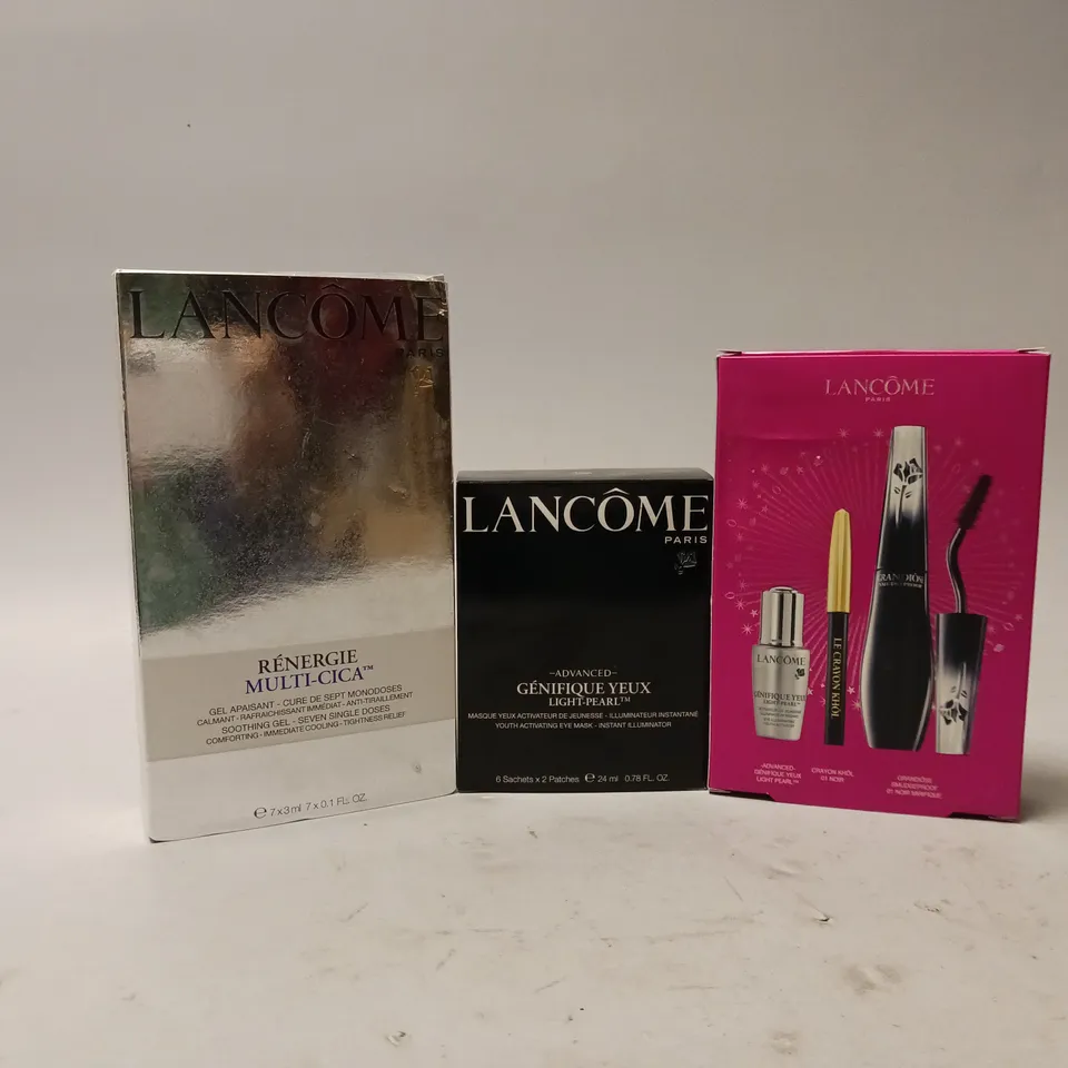 3 BOXED LANCOME BEAUTY PRODUCTS TO INCLUDE GENIFIQUE YEUX LIGHT PEARL YOUTH ACTIVATING EYE MASK, RENERGIE MULTI-CICA SOOTHING GEL 