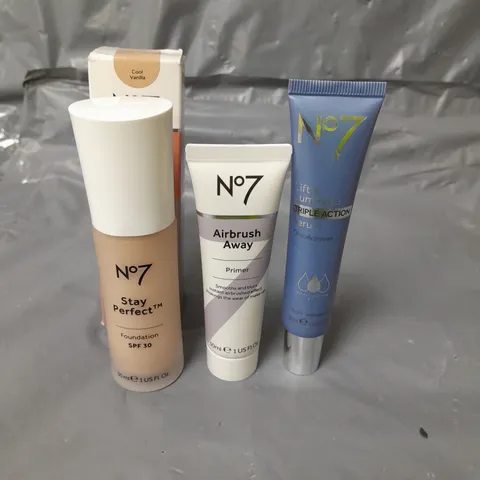 NO7 STAY PERFECT FOUNDATION COOL VANILLA 30ML, AIRBRUSH AWAY PRIMER 30ML AND LIFT & LUMINATE TRIPLE ACTION SERUM 30ML