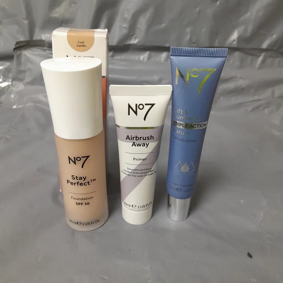 NO7 STAY PERFECT FOUNDATION COOL VANILLA 30ML, AIRBRUSH AWAY PRIMER 30ML AND LIFT & LUMINATE TRIPLE ACTION SERUM 30ML
