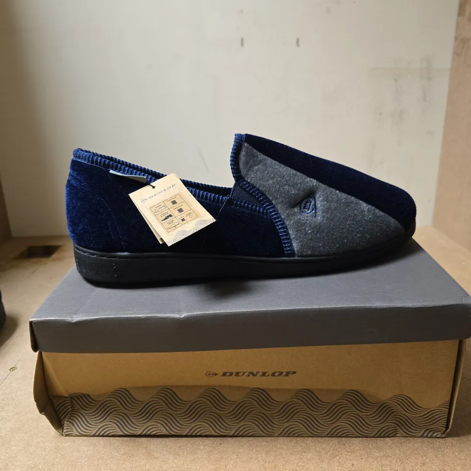 DUNLOP WINSTON TWIN GUSSET SLIPPERS – NAVY BLUE/GRAY, UK 13 