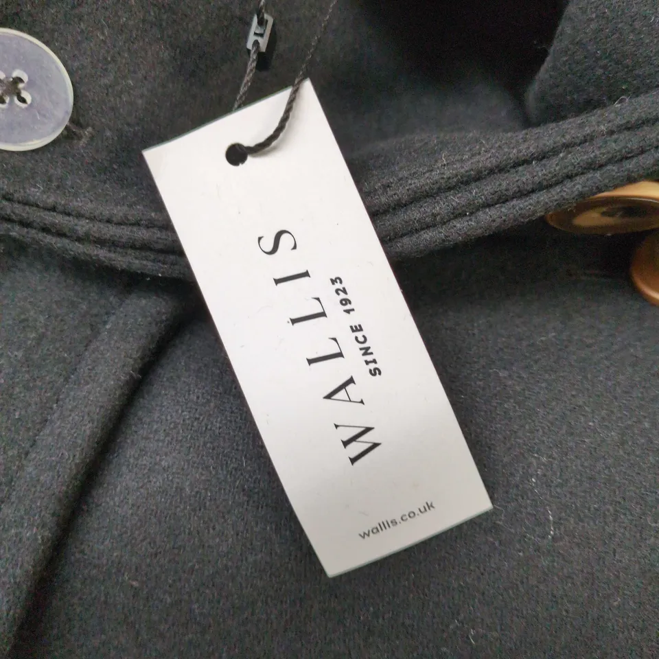 WALLIS WOMEN’S BLACK COAT, UK 14 (EU 42, US 10) BELTED WITH WOODEN BUTTONS
