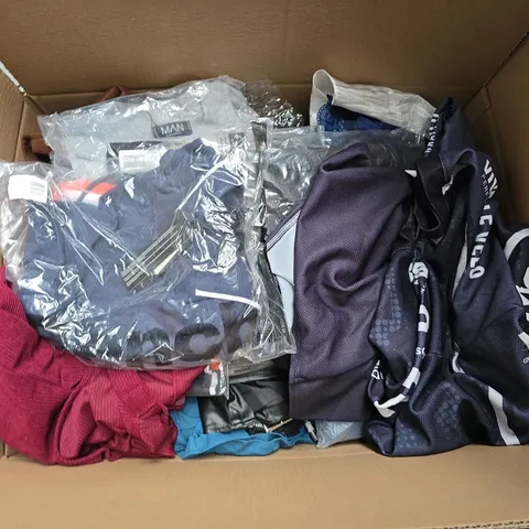 LARGE BOX OF APPROXIMATELY 25 ASSORTED CLOTHING ITEMS IN VARIOUS COLOURS, STYLES AND SIZES - COLLECTION ONLY