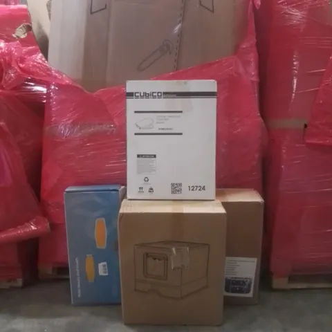 PALLET OF ASSORTED HOUSEHOLD GOODS AND FURNITURE TO INCLUDE;FOLDABLE BATH TUB, CUBICLE TOILET SEAT, CAT LITTER BOX ETC 