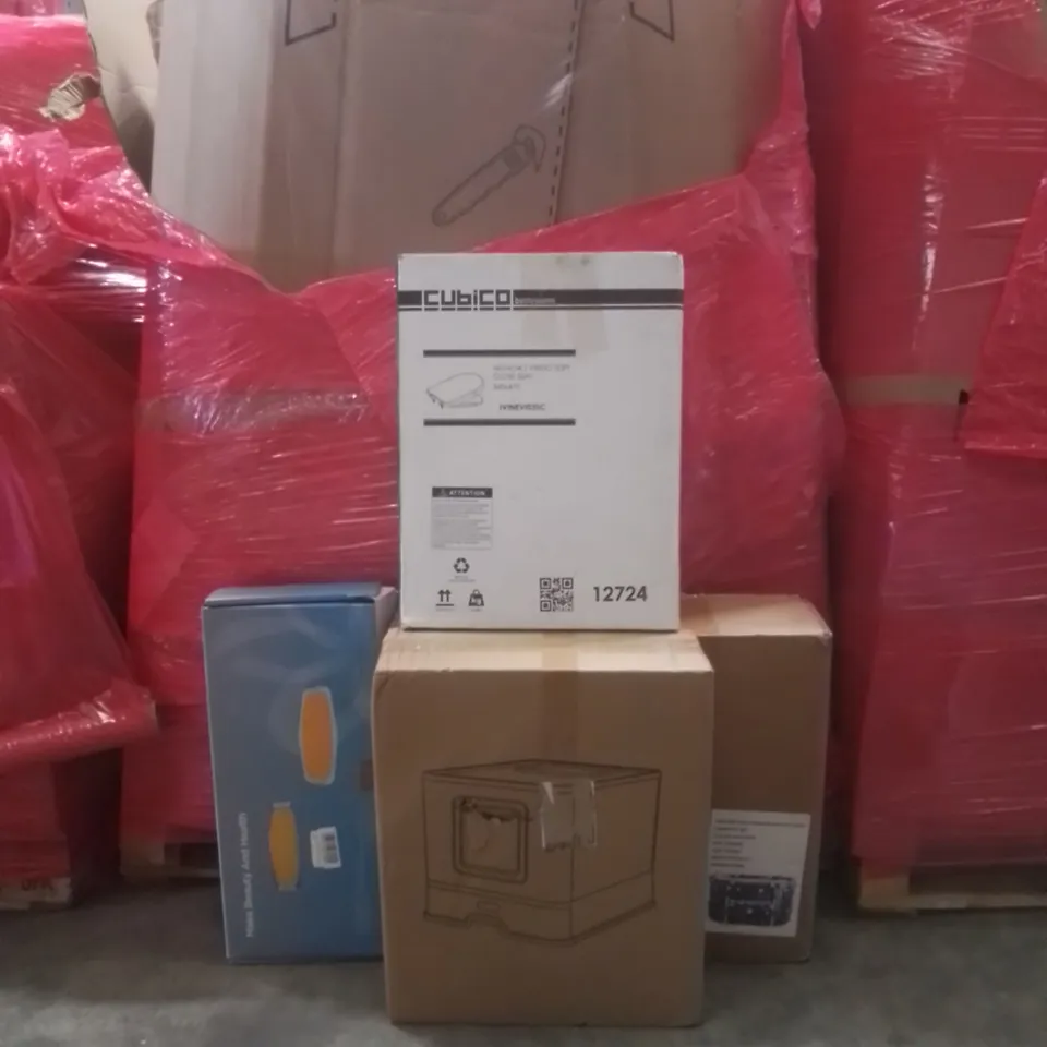 PALLET OF ASSORTED HOUSEHOLD GOODS AND FURNITURE TO INCLUDE;FOLDABLE BATH TUB, CUBICLE TOILET SEAT, CAT LITTER BOX ETC 