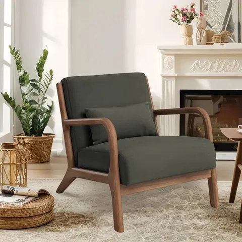 BOXED 66cm MODERN SOLID WOOD FRAME UPHOLSTERED ACCENT CHAIR WITH LUMBAR SUPPORT PILLOW (1 BOX)