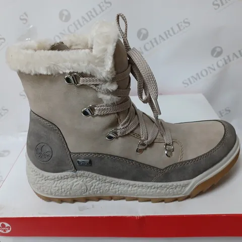BOXED PAIR OF RIEKER ANTISTRESS WATER RESISTANT WARM HIKING BOOTS, CREAM - SIZE 6.5