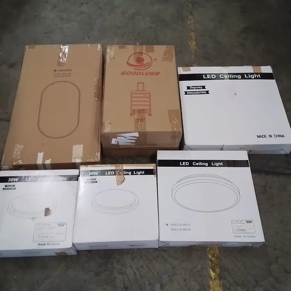 PALLET OF ASSORTED ITEMS TO INCLUDE: LED CEILING LIGHTS, SUITCASE, NAVARIS OVAL MIRROR ECT