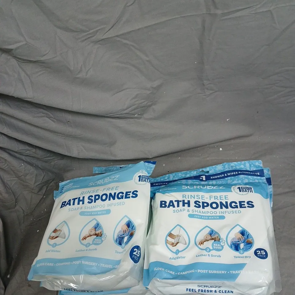 SCRUBZZ BATH SPONGES – RINSE-FREE, SOAP & SHAMPOO INFUSED, 25 PACK  6 PACKS .