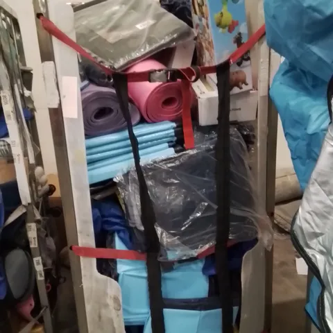 CAGE OF ASSORTED HOUSEHOLD GOODS AND PRODUCTS TO INCLUDE;TARPAULIN,TOY STORY WOODEN TEA SET,YOGA MAT 