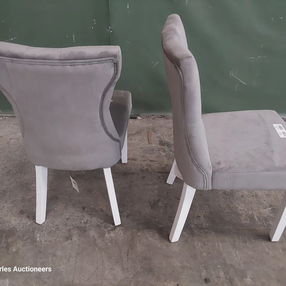 PAIR OF UPHOLSTERED BUTTONED BACK DINING CHAIRS GREY PLUSH FABRIC ON WHITE PAINTED LEGS 