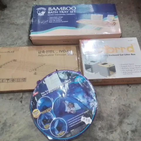 PALLET OF ASSORTED HOUSEHOLD GOODS AND PRODUCTS TO INCLUDE;BAMBOO BATH TRAY SET,CAT LITTER BOX, TENT AND OTHER ASSORTED ITEMS...
