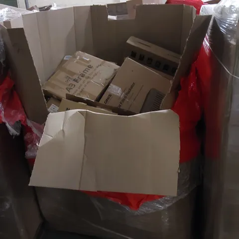 PALLET TO CONTAIN ASSORTED HOUSEHOLD ITEMS AND CONSUMER PRODUCTS. INCLUDING COMPUTER MONITORS, OIL FILLED RADIATOR, BOXED FURNITURE ETC