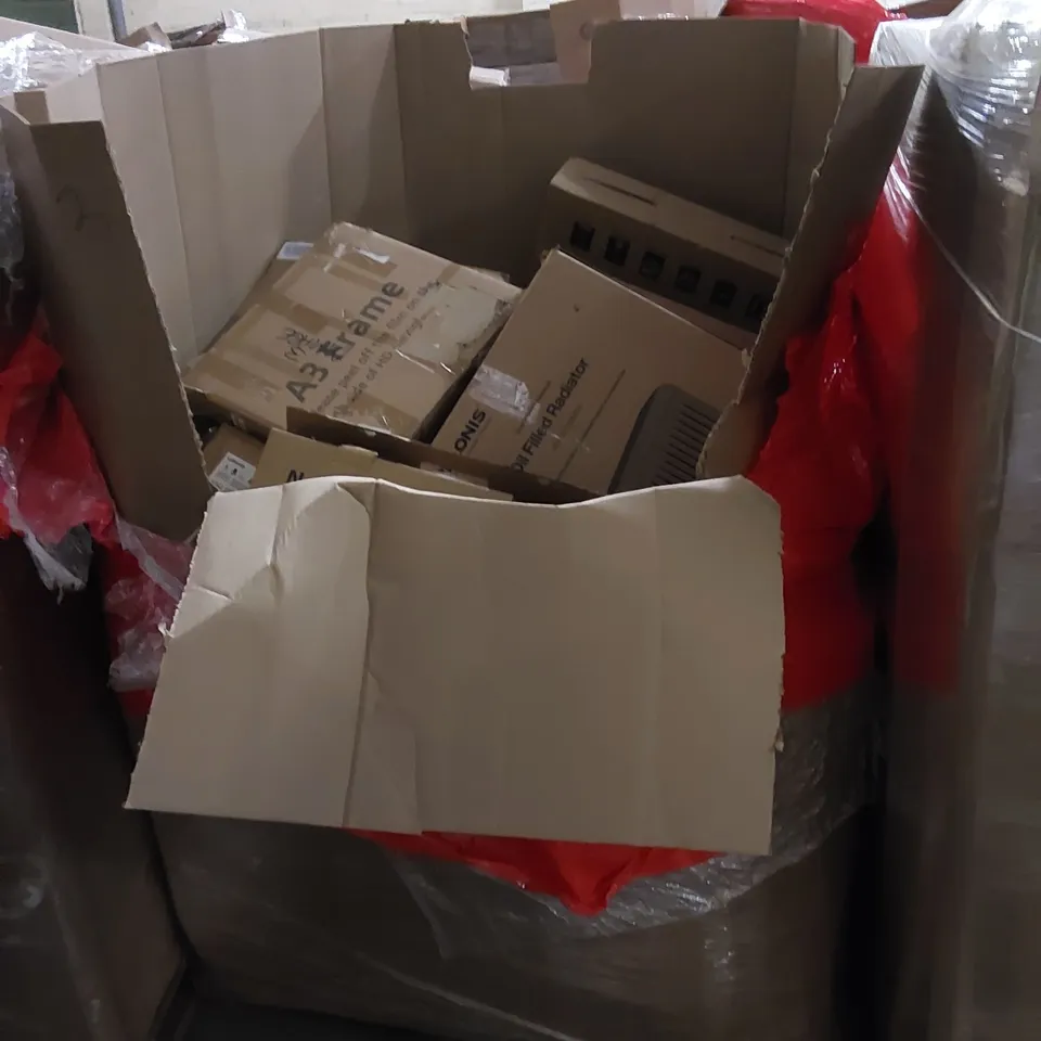PALLET TO CONTAIN ASSORTED HOUSEHOLD ITEMS AND CONSUMER PRODUCTS. INCLUDING COMPUTER MONITORS, OIL FILLED RADIATOR, BOXED FURNITURE ETC