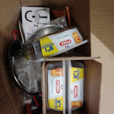 BOX OF ASSORTED KITCHEN PRODUCTS TO INCLUDE;PANS, STORAGE CONTAINERS, WHISTLING KETTLE,ETC
