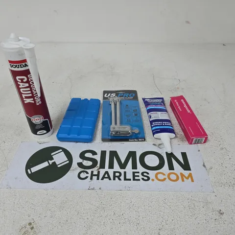 APPROXIMATELY 15 ASSORTED HOUSEHOLD PRODUCTS TO INCLUDE DECORATORS CAULK, SPACEGOODS METAL SPOON AND US.PRO BAR TYPE HOSE CLAMP