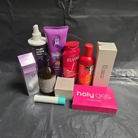 APPROXIMATEY 20 ASSORTED HEALTH AND BEAUTY PRODUCTS TO INCLUDE - HOLY GELS UV LAMP - GIVE ME SHAMPOO - WAVY CURL CREME - ETC