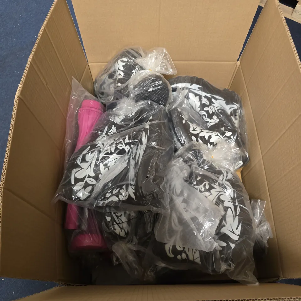 BOX OF APPROXIMATELY 18 ASSORTED PAIRS OF SHOES IN VARIOUS STLYLES , COLOURS AND SIZES