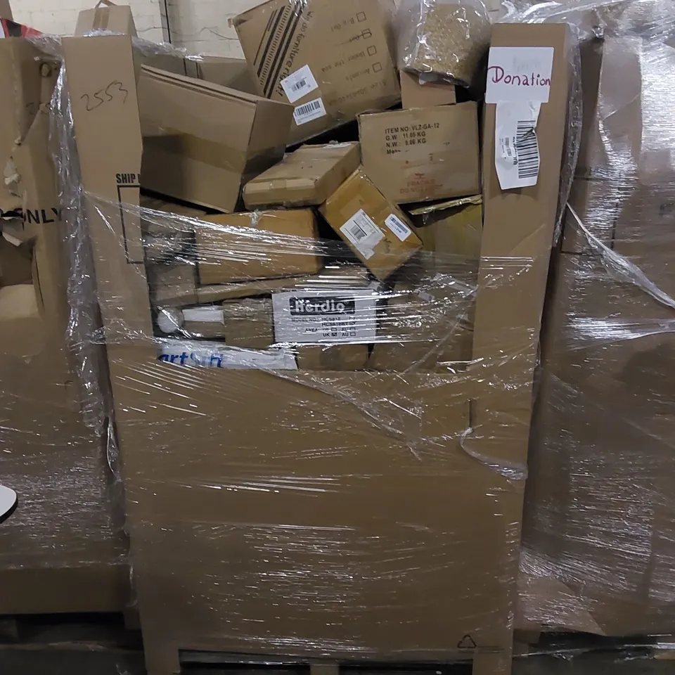 PALLET TO CONTAIN ASSORTED HOUSEHOLD ITEMS AND CONSUMER PRODUCTS. INCLUDING PORTABLE WARDROBE, AIR BED, TOILET SEATS, CARPET PROTECTOR, MULTI-COOKER AIR FRYER ETC