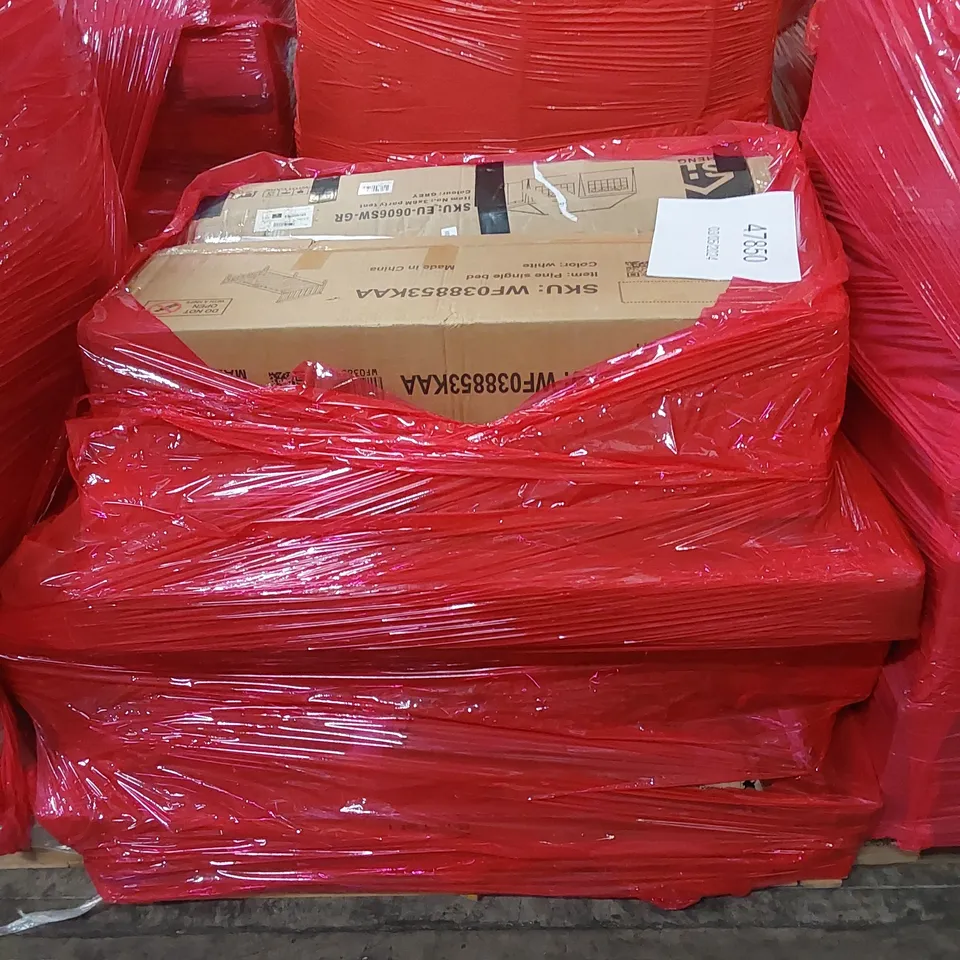 PALLET OF ASSORTED HOUSEHOLD ITEMS AND CONSUMER PRODUCTS. INCLUDING; PARTY TENT, BED FRAME, BOXED FURNITURE ETC