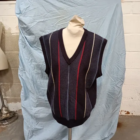 GABICCI KNIT VEST, NAVY WITH RED & CREAM STRIPES, MEN'S, SIZE L