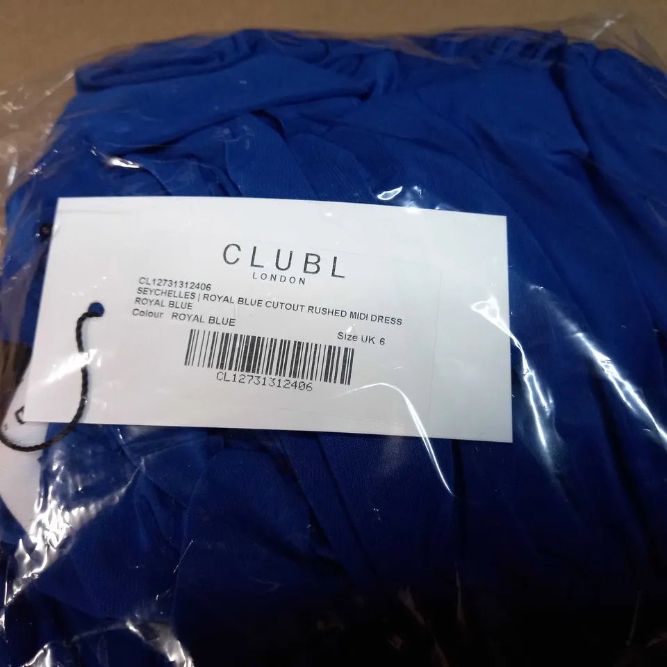 PACKAGED CLUB L ROYAL BLUE CUTOUT RUSHED MIDI DRESS - SIZE 6