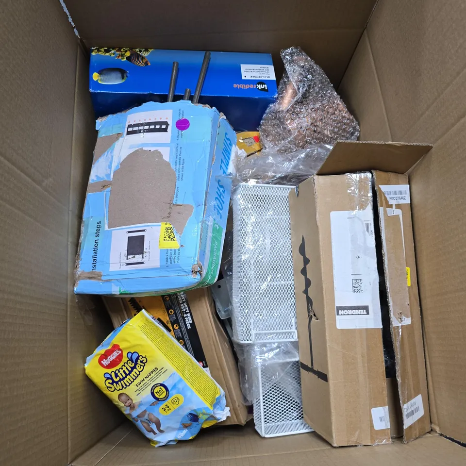 BOX OF APPROXIMATELY 12 ASSORTED ITEMS INCLUDING HUGGIES LITTLE SWIMMERS , SIMPLE SHOE RACK AND HEAVY DUTY BRUSH SET