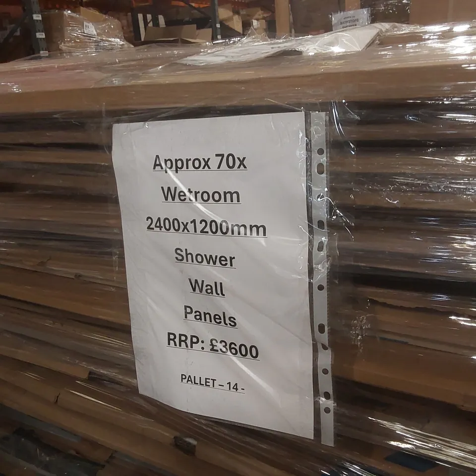 PALLET CONTAINING APPROXIMATELY 70x WETROOM 2400 X 1200MM SHOWER WALL PANELS