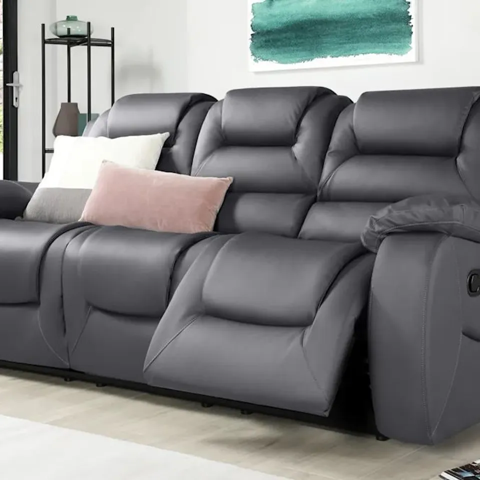 BOXED VANCOUVER 3 SEATER RECLINER SOFA, GREY PREMIUM FAUX LEATHER (1 BOX)