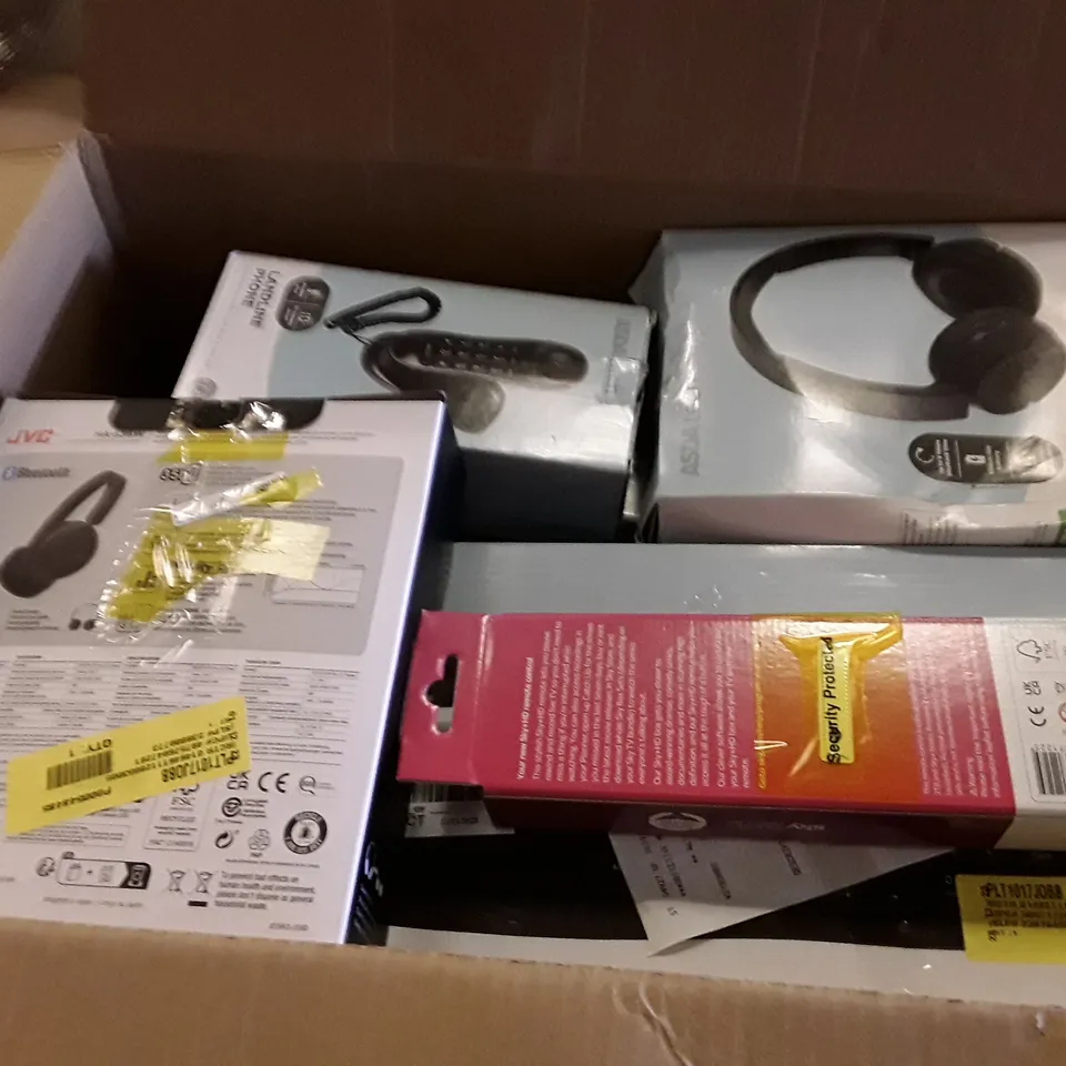 BOX OF ASSORTED ELECTRONIC PRODUCTS INCLUDING HEADPHONES, KEYBOARD, LANDLINE PHONE, UNIVERSAL REMOTE