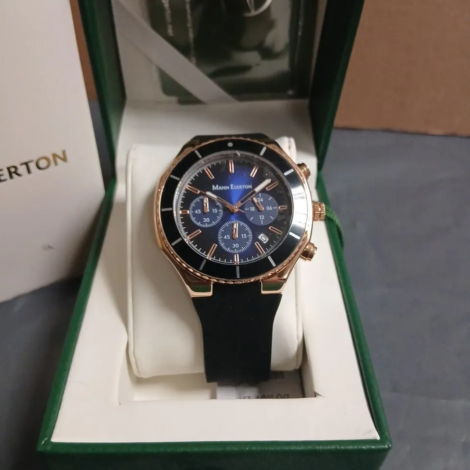 MANN EGERTON ASTRO ROSE BLUE WATCH – ROSE GOLD CASE, BLACK STRAP