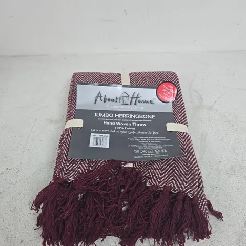 ABOUT HOME JUMBO HERRINGBONE HAND WOVEN THROW β 100% COTTON, BURGUNDY WITH TASSELS