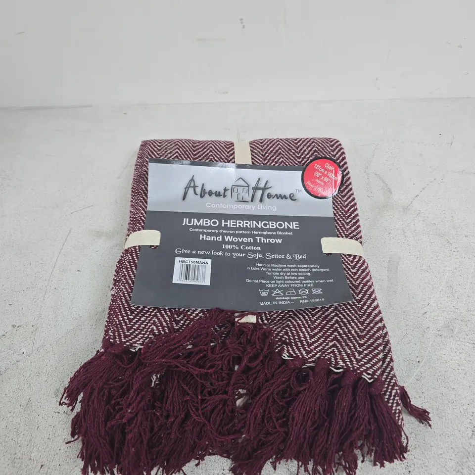 ABOUT HOME JUMBO HERRINGBONE HAND WOVEN THROW – 100% COTTON, BURGUNDY WITH TASSELS