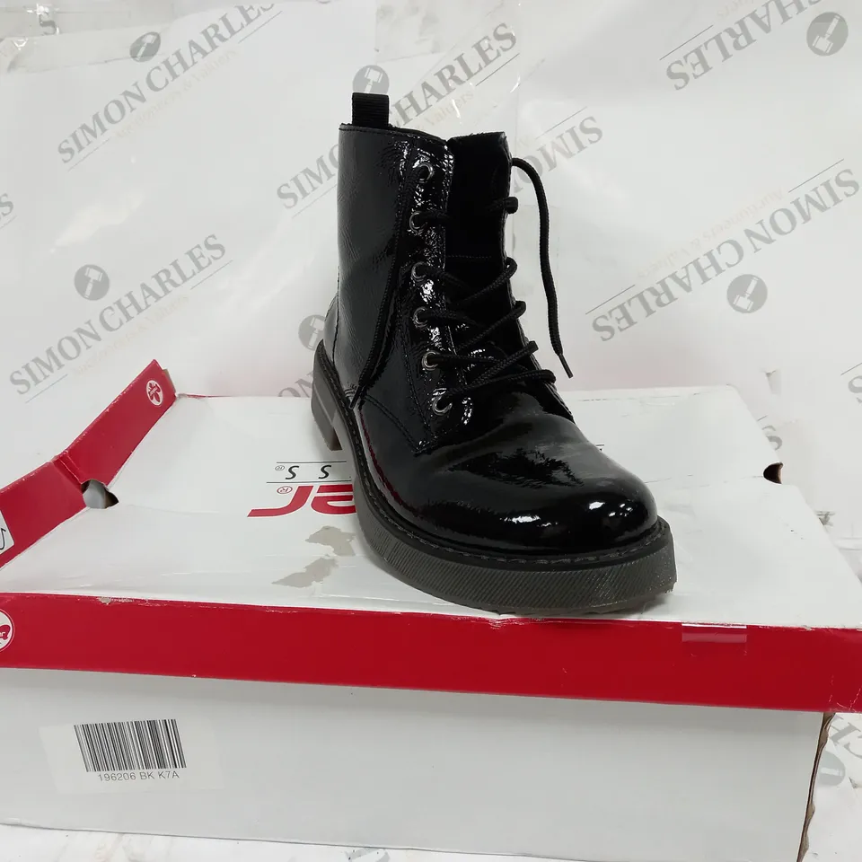 BOXED PAIR OF RIEKER LACE UP BOOTS IN BLACK - SIZE 7.5