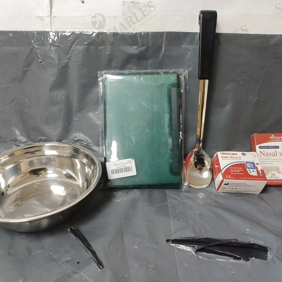 BOX OF APPROXIMATELY 14 ASSORTED ITEMS TO INCLUDE - NASAL STRIPS , SINOCARE SAFE-ACCU 2 , LADLE SPOON