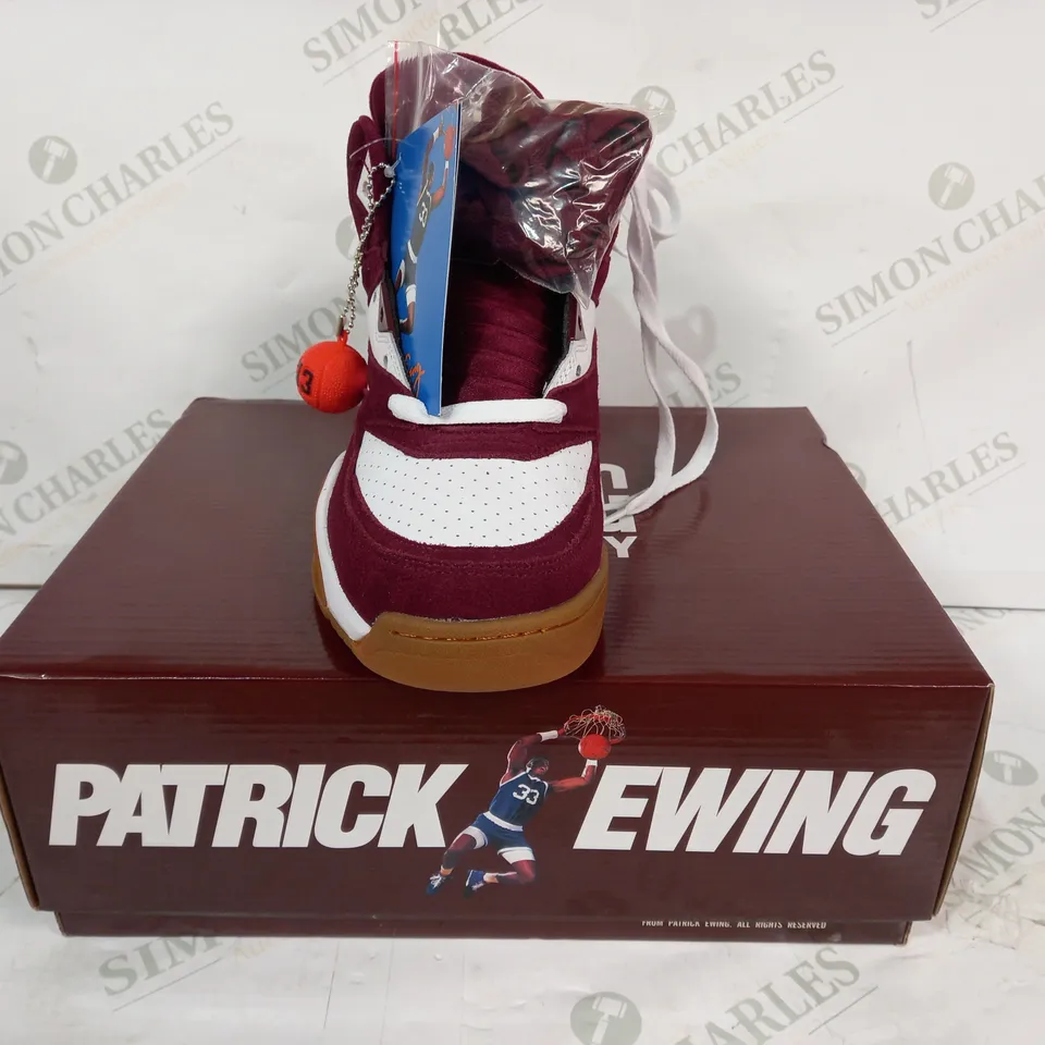BOXED PAIR OF EWING MIKES HOT HONEY SNEAKERS IN MAROON/WHITE UK SIZE 8.5