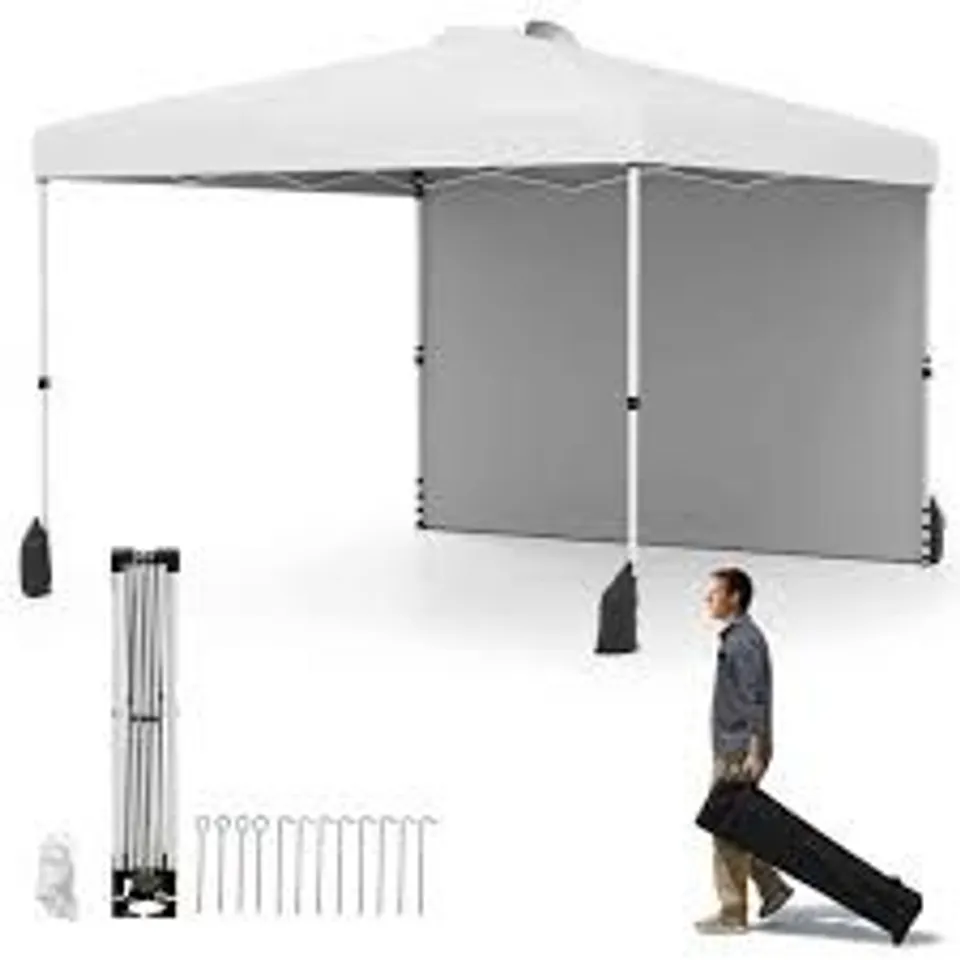COSTWAY 3 X 3 M POP UP CANOPY TENT WITH 1 SIDEWALL WHEELED BAG-WHITE