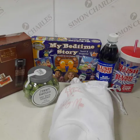 APPROXIMATELY 20 ASSORTED PRODUCTS TO INCLUDE; PAMPER NIGHT, DAVID BECKHAM INTIMATELY 30ML EAU DE TOILETTE, STORY TELLING PROJECTOR, MILK CHOCOLATE SPROUTS, SLUSH PUPPIE SYRUP AND CUP GIFT SET, RESET