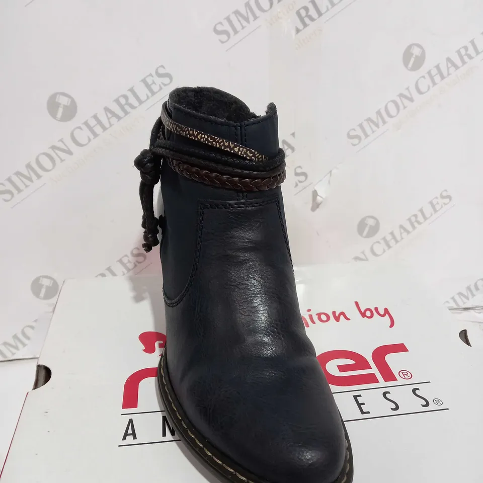 RIEKER TASSLE NAVY ANKLE BOOTS - SIZE UK 6 - BOXED 