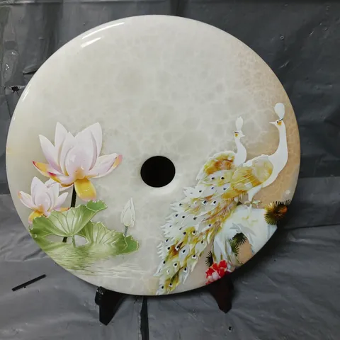 SERPENTINE LOTUS & PEACOCK PAINTED DISK WITH WOODEN STAND