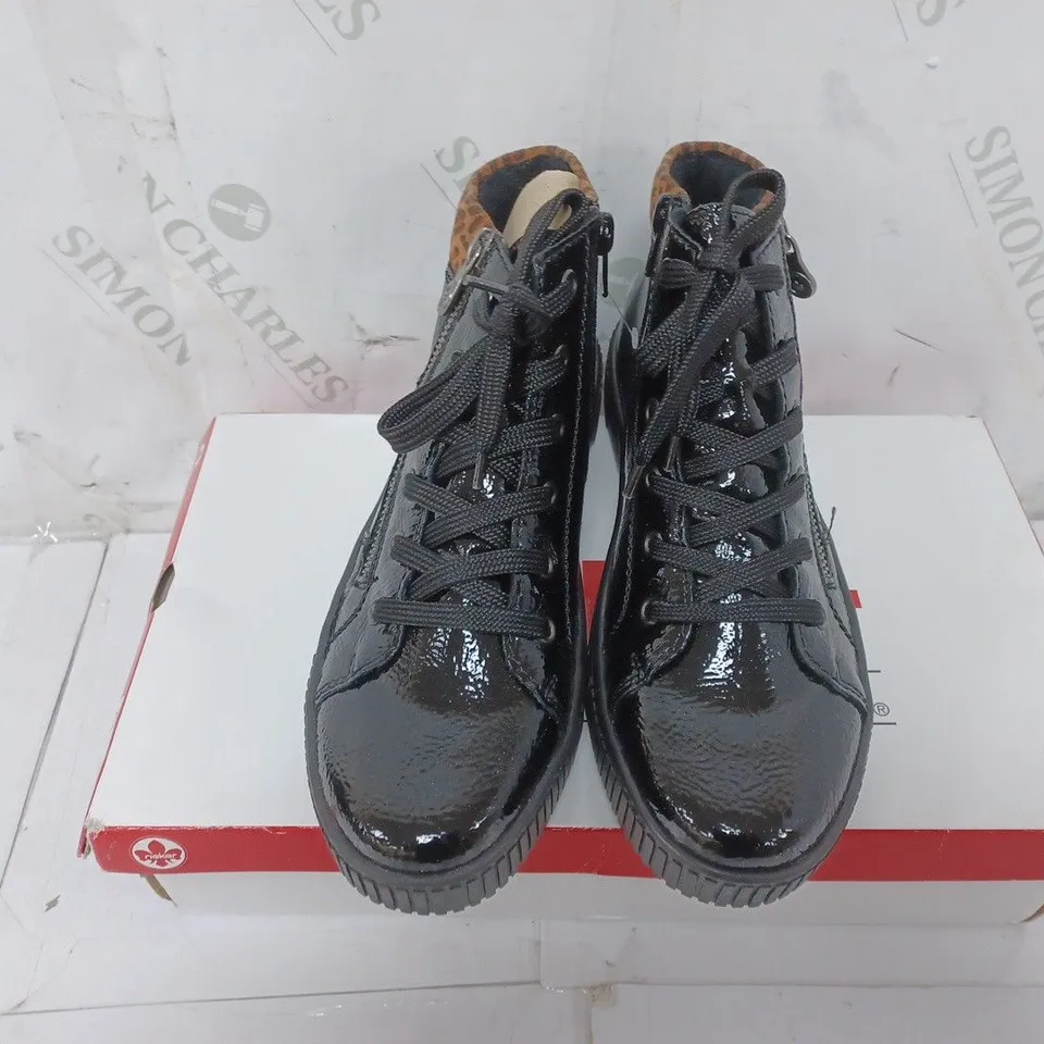 BOXED PAIR OF RIEKER HIGH TOP LEOPARD CUFF TRAINERS BLACK SIZE 5
