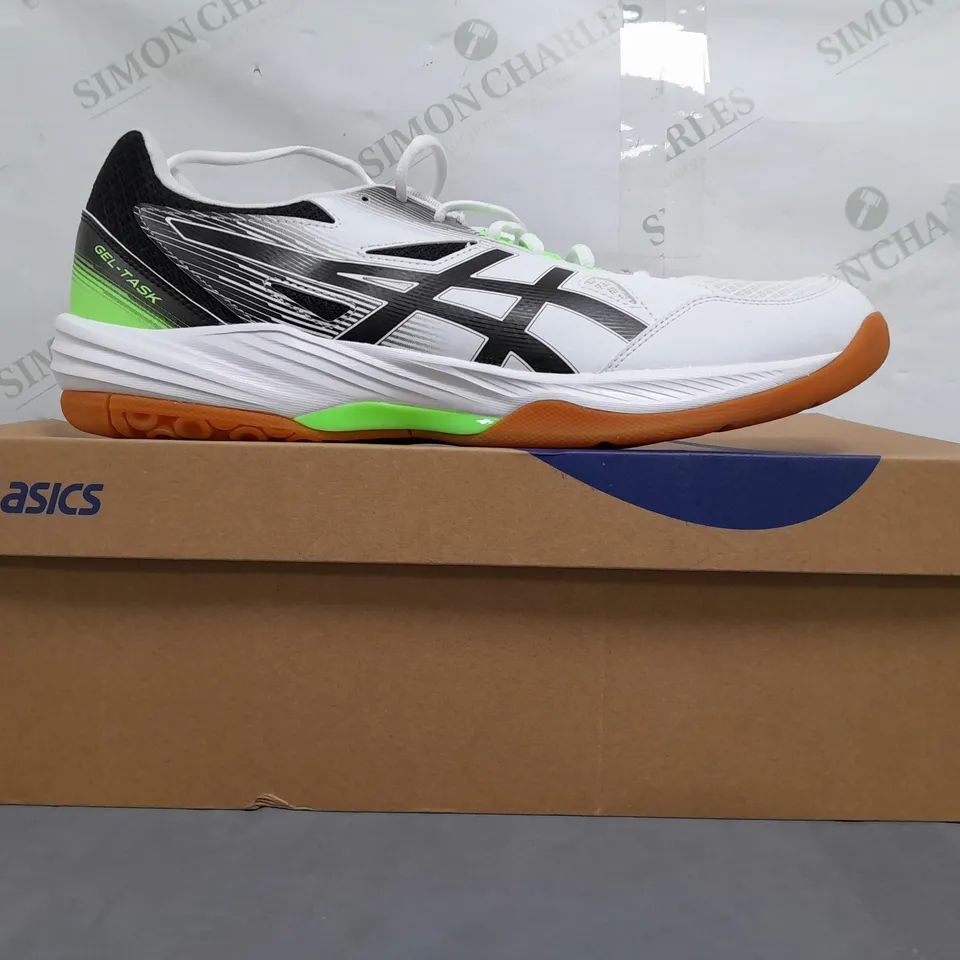 BOXED PAIR OF ASICS GEL-TASK 3 SHOES IN WHITE/BLACK/LIME UK SIZE 13
