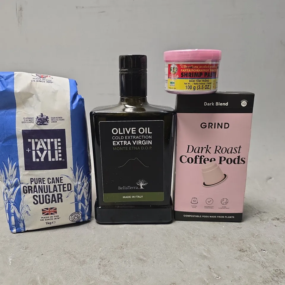 APPROXIMATELY 8 ASSORTED FOOD & DRINK ITEMS TO INCLUDE -GRIND DARK ROAST COFFEE PODS , GRANULATED SUGAR ETC