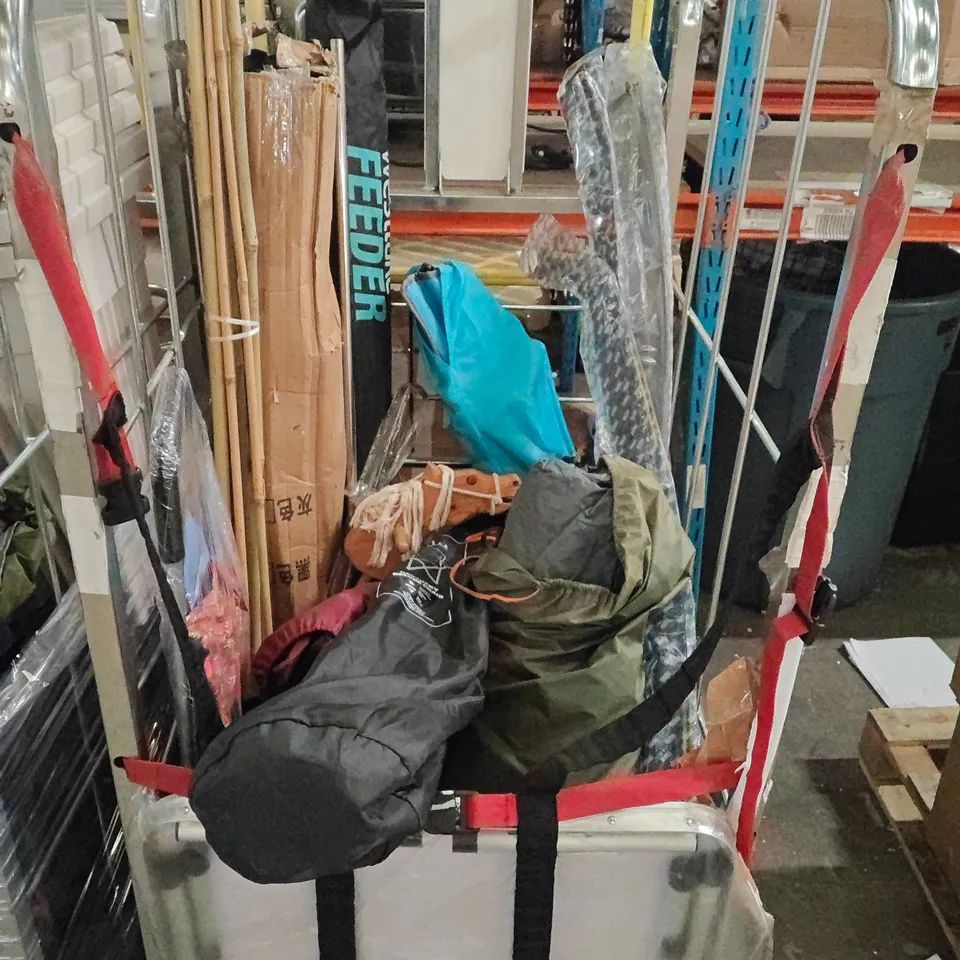 CAGE OF ASSORTED HOUSEHOLD ITEMS TO INCLUDE GOLDING OUTDOOR CHAIR, BAMBOO RODS, MINI SHOPPING BAG AND FIRELIGHTERS