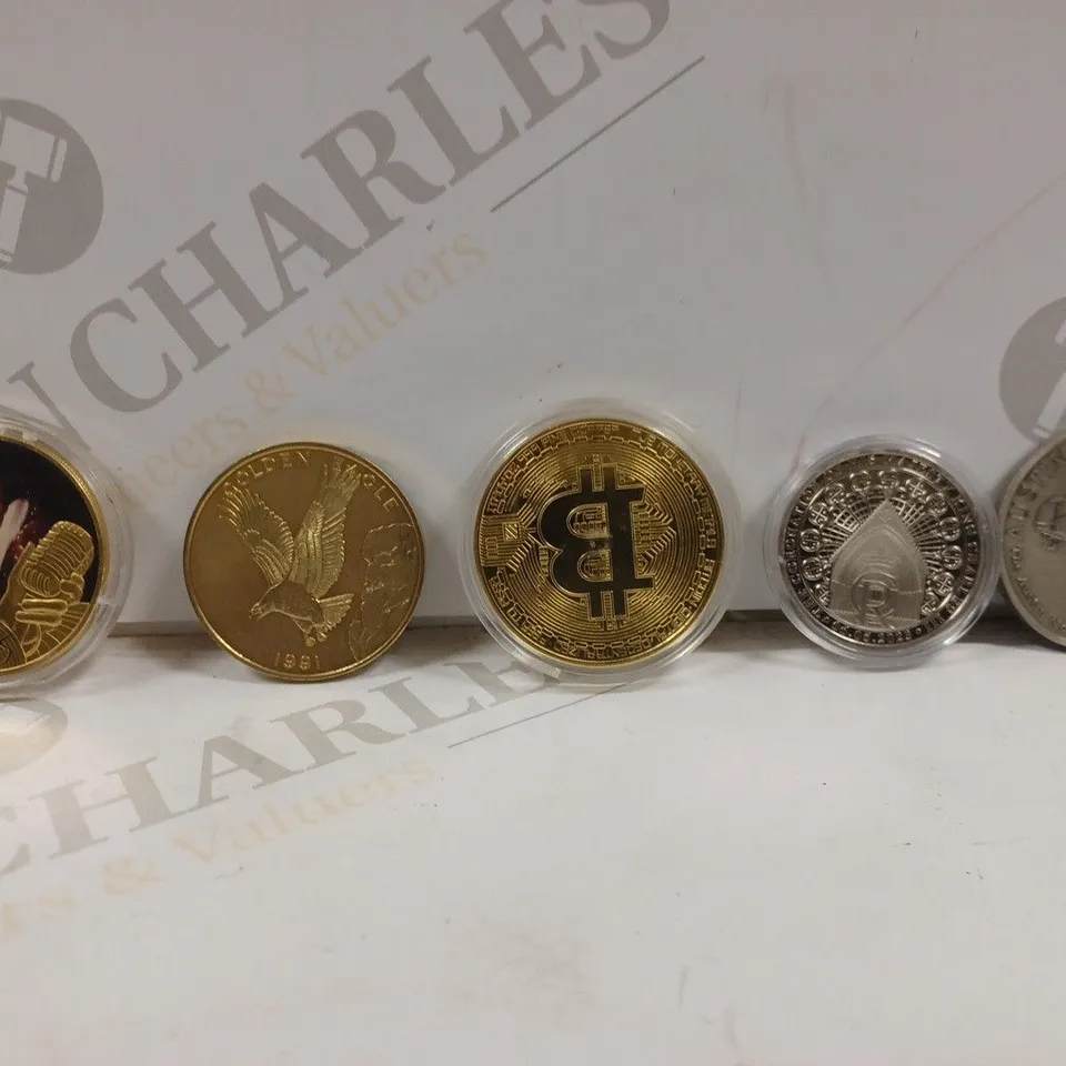 LOT TO CONTAIN APPROX. 14 X ASSORTED COLLECTORS COINS 7 MEDALS. DESIGNS VARY.