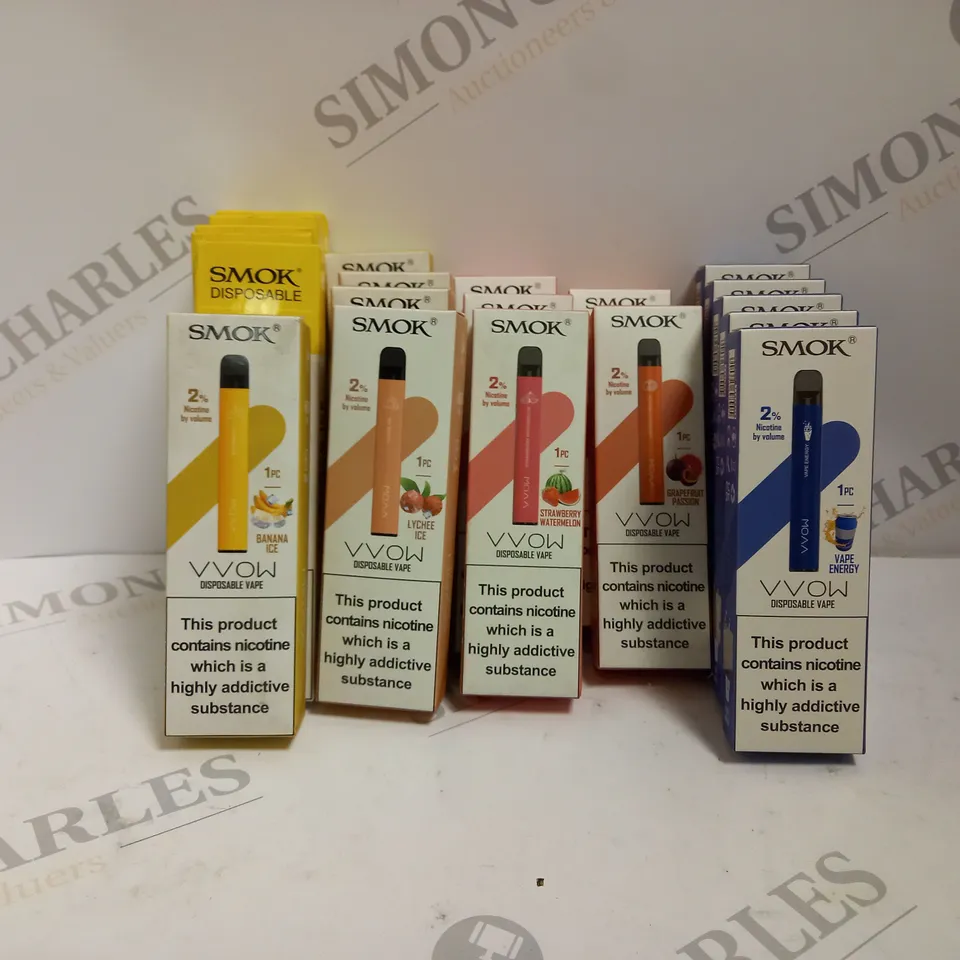 APPROXIMATELY 20 ASSORTED SMOK VVOW DISPOSABLE VAPES TO INCLUDE STRAWBERRY WATERMELON, MANGO ICE, VAPE ENERGY, AND LYCHEE ICE FLAVOURS
