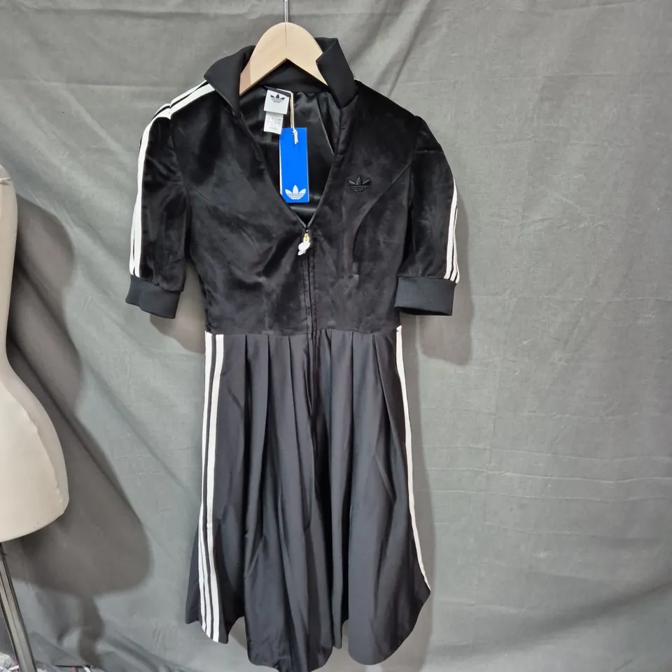 ADIDAS WOMEN'S BLACK SATIN DIRNDL DRESS WITH WHITE STRIPES – UK 12